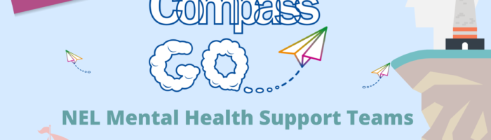 Compass GO... logo and cartoon image showing the sea and a lighthouse on cliffs