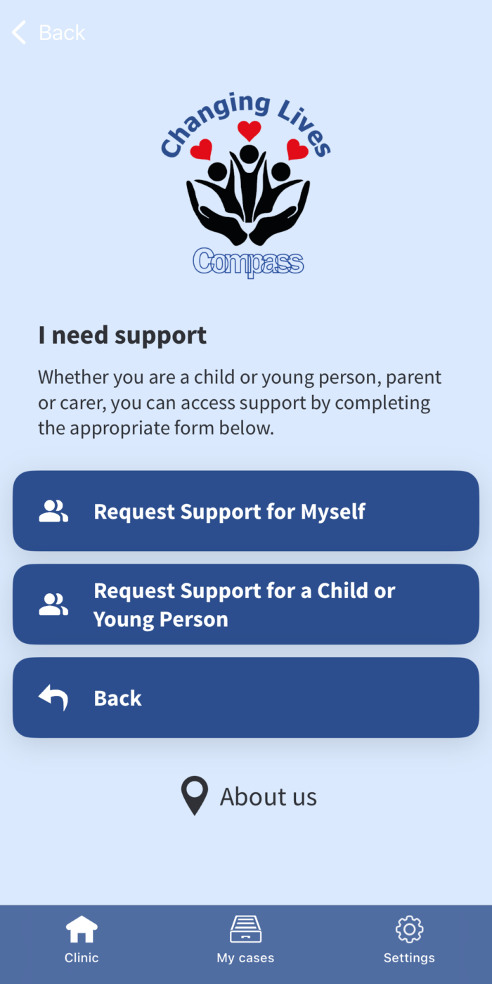 "I need support" page in App