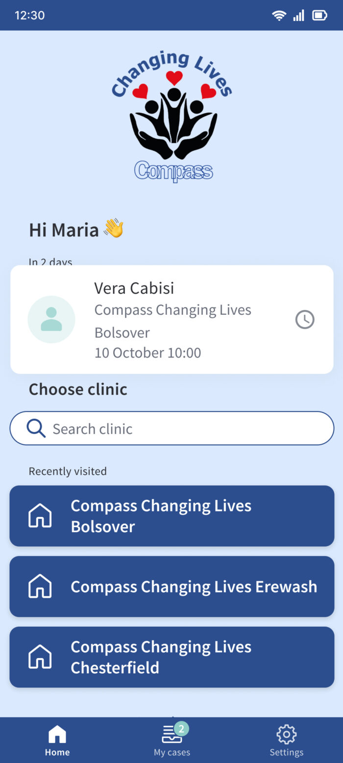 Example Screenshot from the app- choose your clinic