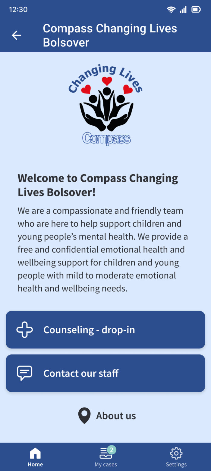 Example Screenshot from the app - welcome page for Changing Lives Bolsover