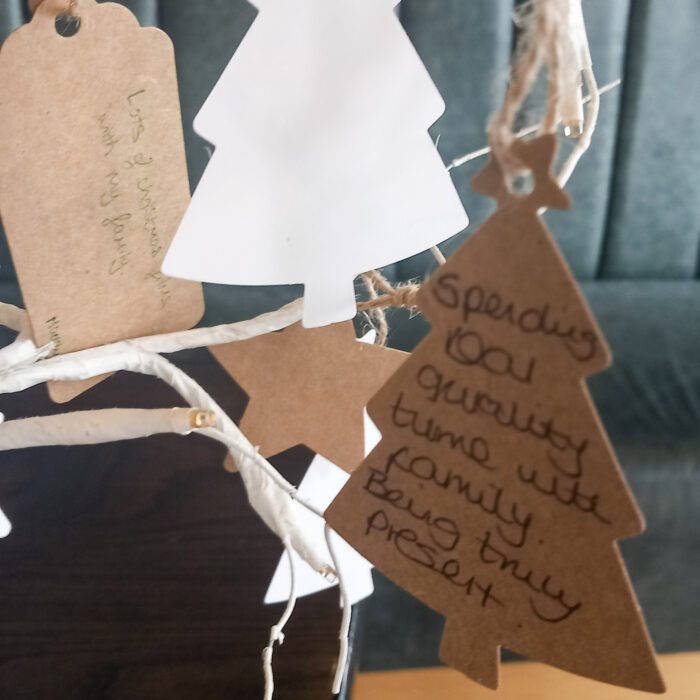 The message on the Christmas tree ornament reads:

"Spending quality time with family. Being truly present"