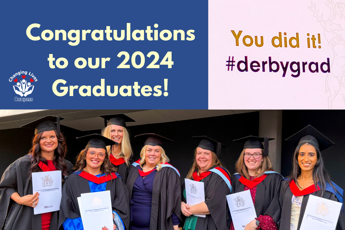 "Congratulations to our 2024 Graduates!" A group of seven women in graduation gowns and caps, holding their diplomas. They are smiling and looking at the camera. A photo of a sign that says "You did it!" in gold letters, with the hashtag "#derbygrad" in purple letters below it.