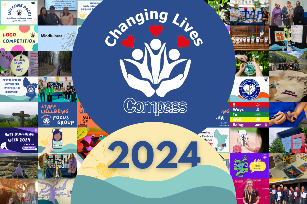 "Compass Changing Lives 2024" Over a colourful collage of images celebrating mental health and well-being initiatives.