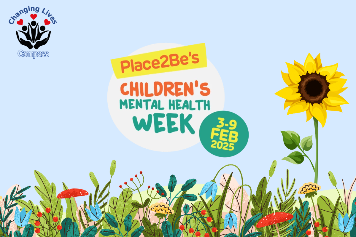 "Children's Mental Health Week 2025 header with a sunflower, flowers, and the Place2Be event logo. Dates are Feb 3-9, 2025."